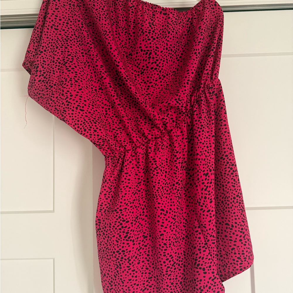 SHEIN Pink and Black One Shoulder Romper